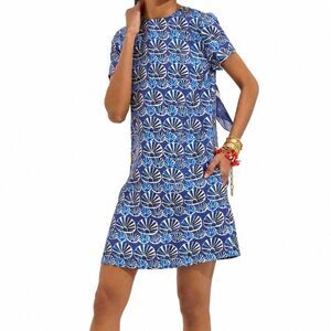 La DoubleJ Conchiglie Resortwear Dress Blue 100% Silk Small Preppy Coastal Lux